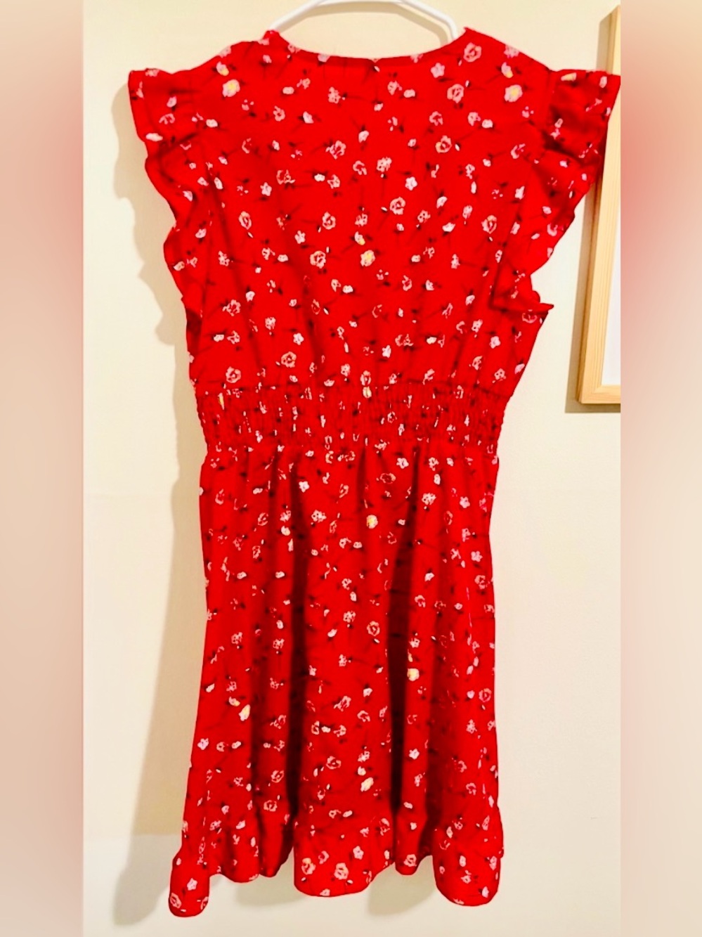 Boho Red Floral Ruffle Cap Sleeve V-Neck A-Line Swing Mini Sundress NWOT - Picture 8 of 14